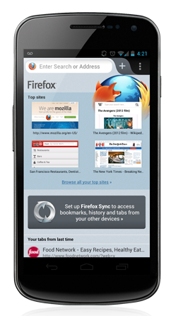 Page d'accueil de Firefox pour Android